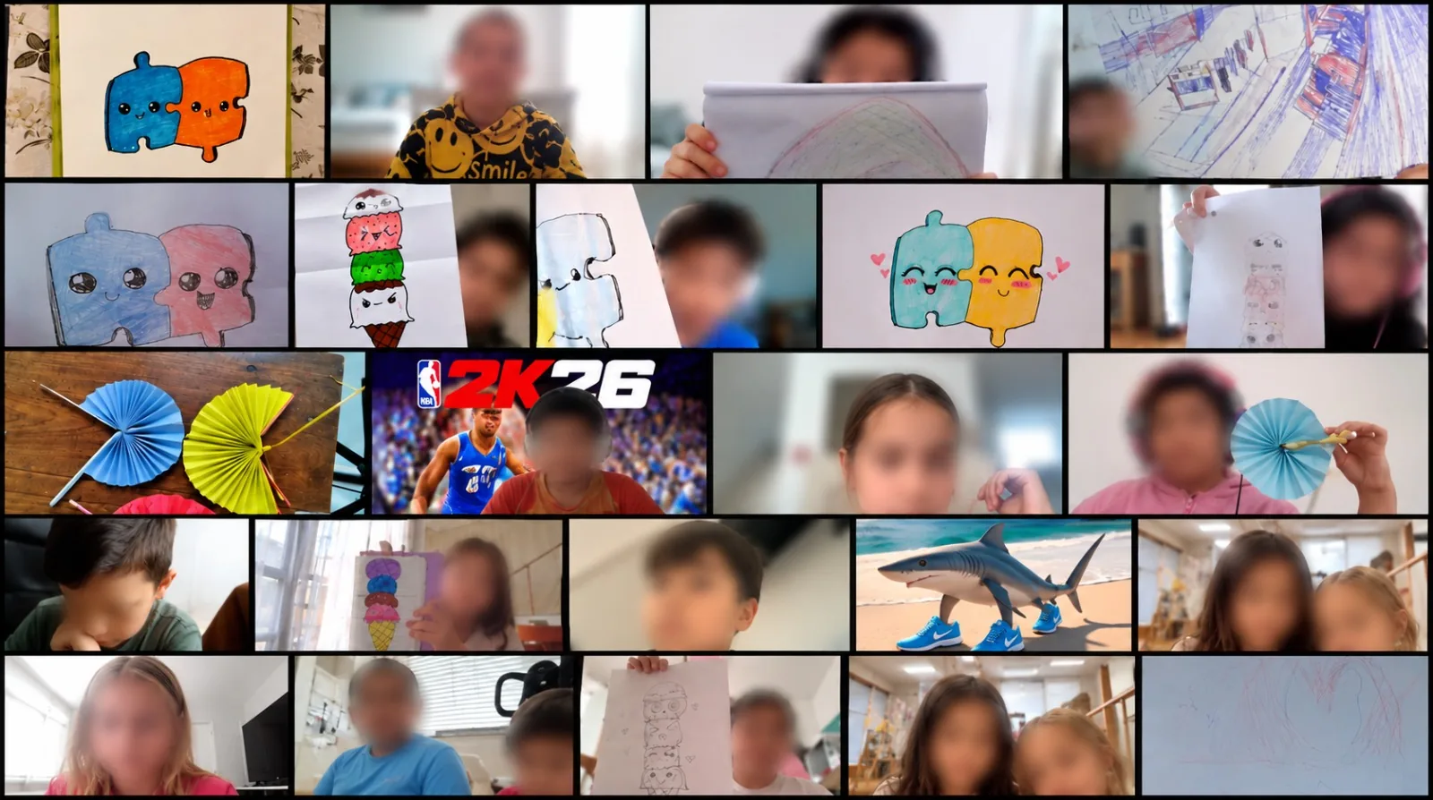 A live online game-based session: students holding up what they made