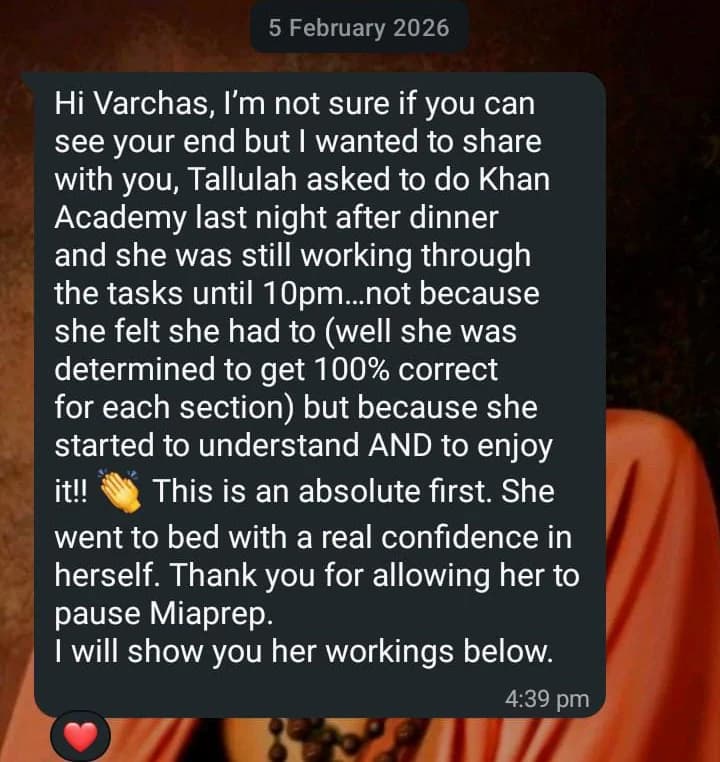 WhatsApp message from Emma, 5 February 2026, about her daughter Tallulah choosing to keep working on maths after dinner because she had started to understand and enjoy it