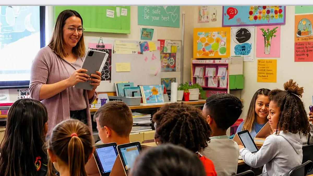 An educator leading a classroom session with students working on tablets